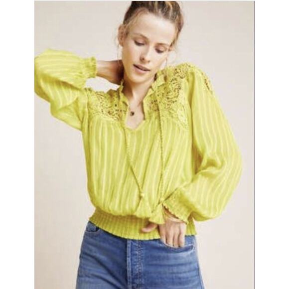 Anthropologie Yellow Green Lace Long Sleeve Blouse - Picture 1 of 5